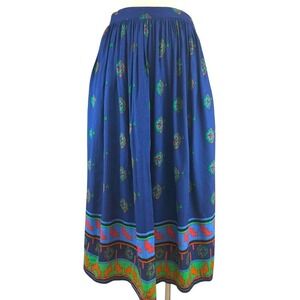 Vintage RLM Womens (L) Blue Festival Rayon Pleated Skirt Aztec Blue Pocket Flowy